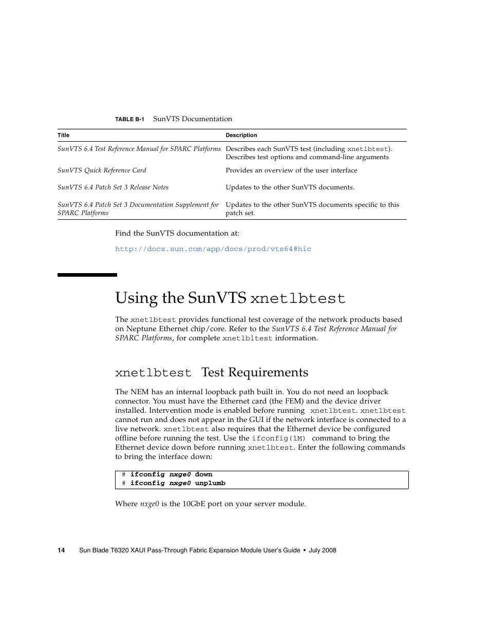 Using the sunvts xnetlbtest, Xnetlbtest test requirements | Sun Microsystems BLADE T6320 User Manual | Page 22 / 22