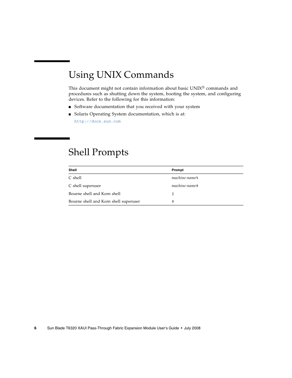 Using unix commands, Shell prompts | Sun Microsystems BLADE T6320 User Manual | Page 6 / 22