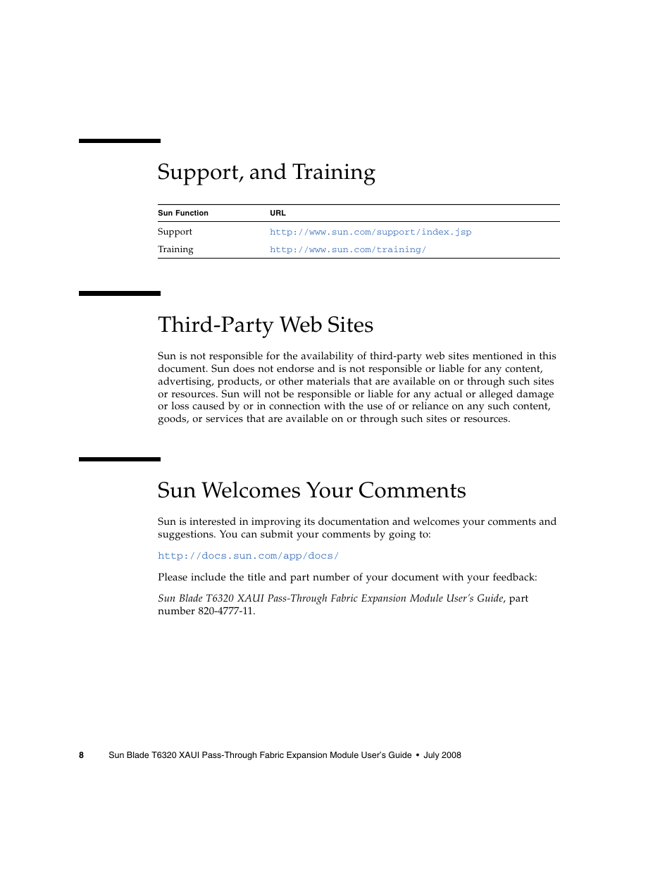 Support, and training third-party web sites, Sun welcomes your comments | Sun Microsystems BLADE T6320 User Manual | Page 8 / 22
