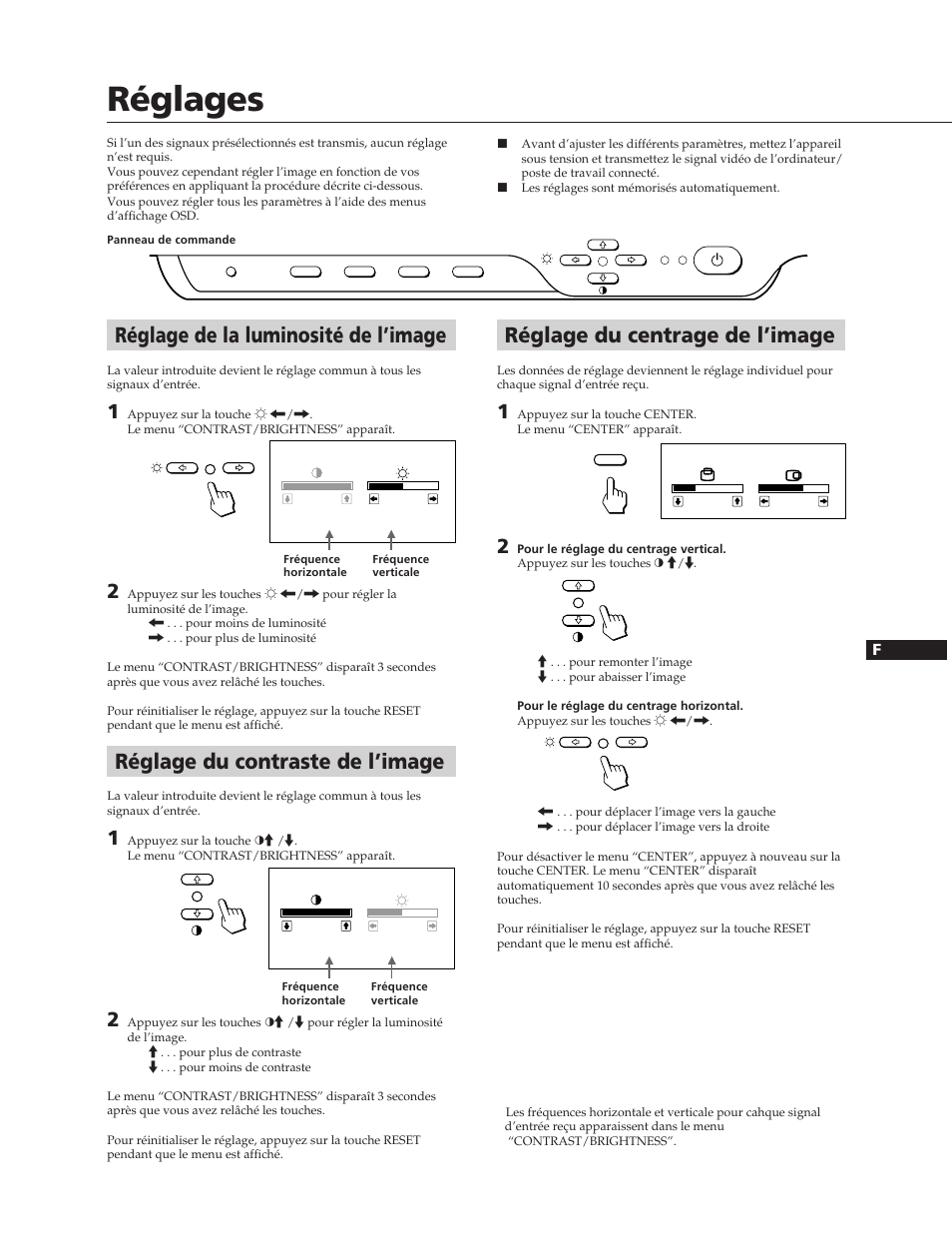 Réglages, Réglage du centrage de l’image, Réglage du contraste de l’image | Réglage de la luminosité de l’image | Sony CPD-100SF User Manual | Page 13 / 27