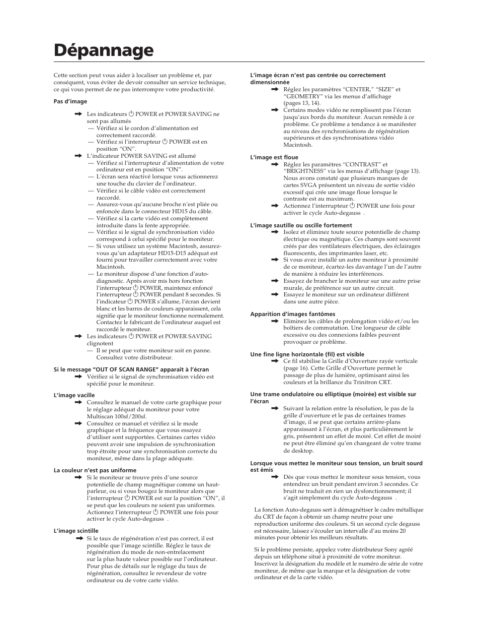 Dépannage | Sony CPD-100SF User Manual | Page 18 / 27