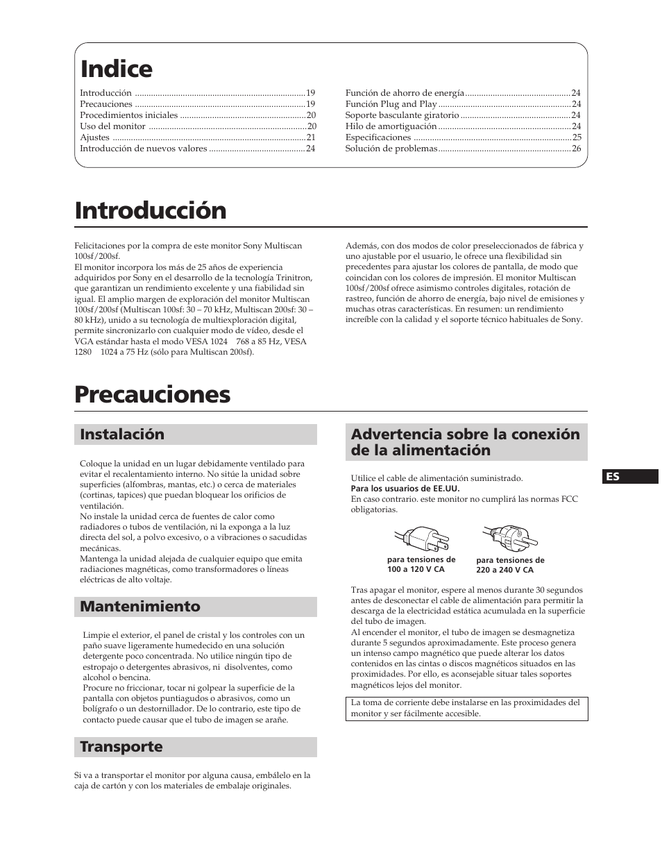 Indice, Introducción, Precauciones | Advertencia sobre la conexión de la alimentación, Instalación, Mantenimiento, Transporte | Sony CPD-100SF User Manual | Page 19 / 27