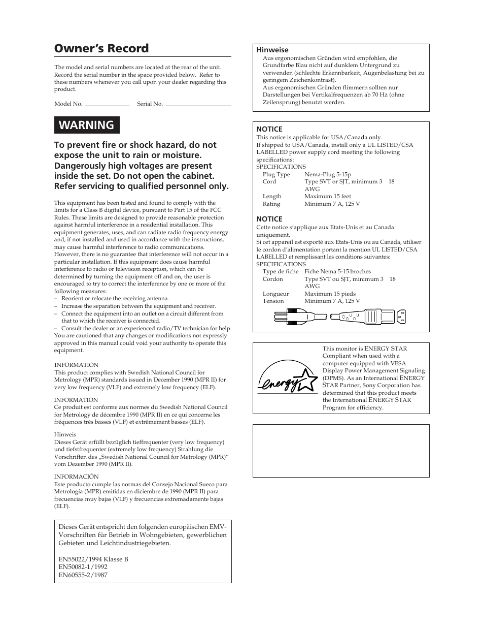 Owner’s record, Warning | Sony CPD-100SF User Manual | Page 2 / 27