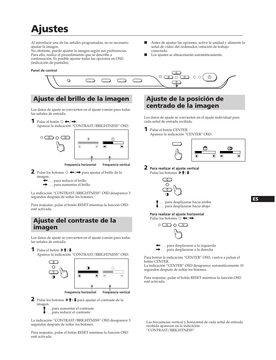Ajustes, Ajuste de la posición de centrado de la imagen, Ajuste del brillo de la imagen | Ajuste del contraste de la imagen | Sony CPD-100SF User Manual | Page 21 / 27