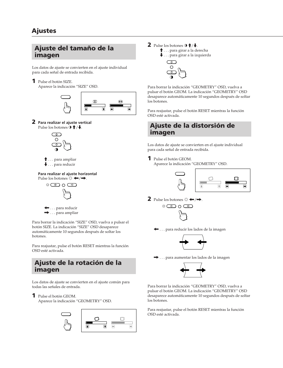 Ajuste de la distorsión de imagen, Ajuste del tamaño de la imagen, Ajuste de la rotación de la imagen | Ajustes | Sony CPD-100SF User Manual | Page 22 / 27