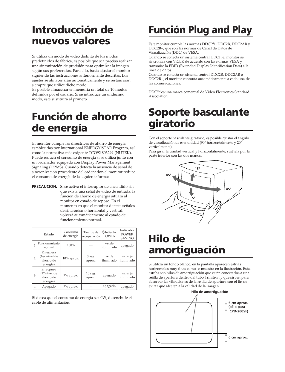 Introducción de nuevos valores, Función de ahorro de energía, Función plug and play | Soporte basculante giratorio, Hilo de amortiguación | Sony CPD-100SF User Manual | Page 24 / 27