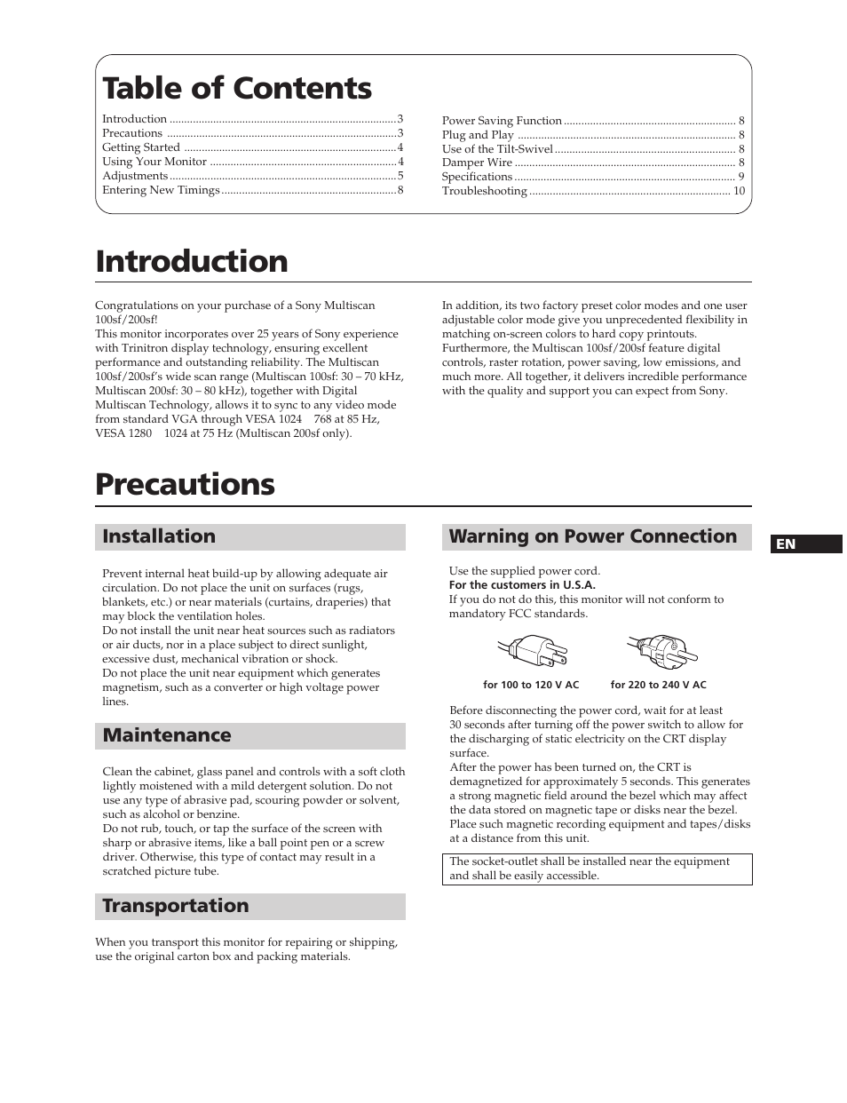 Table of contents introduction, Precautions, Installation | Maintenance, Warning on power connection, Transportation | Sony CPD-100SF User Manual | Page 3 / 27