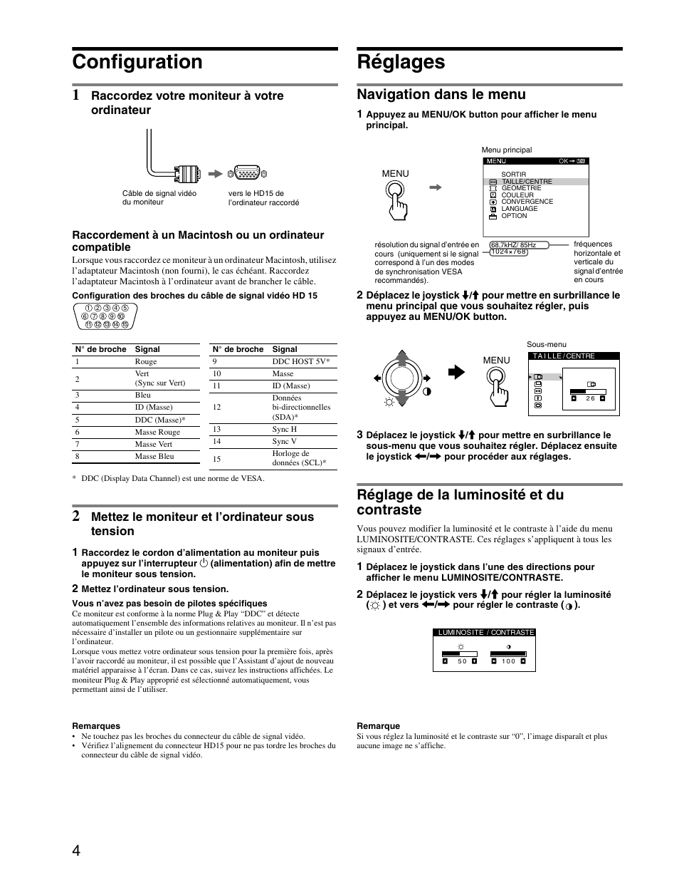 Configuration, Réglages, Navigation dans le menu | Réglage de la luminosité et du contraste, Raccordez votre moniteur à votre ordinateur, Mettez le moniteur et l’ordinateur sous tension | Sony CPD-E240 User Manual | Page 10 / 24