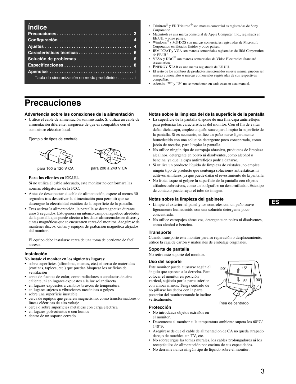 Precauciones, Índice | Sony CPD-E240 User Manual | Page 15 / 24