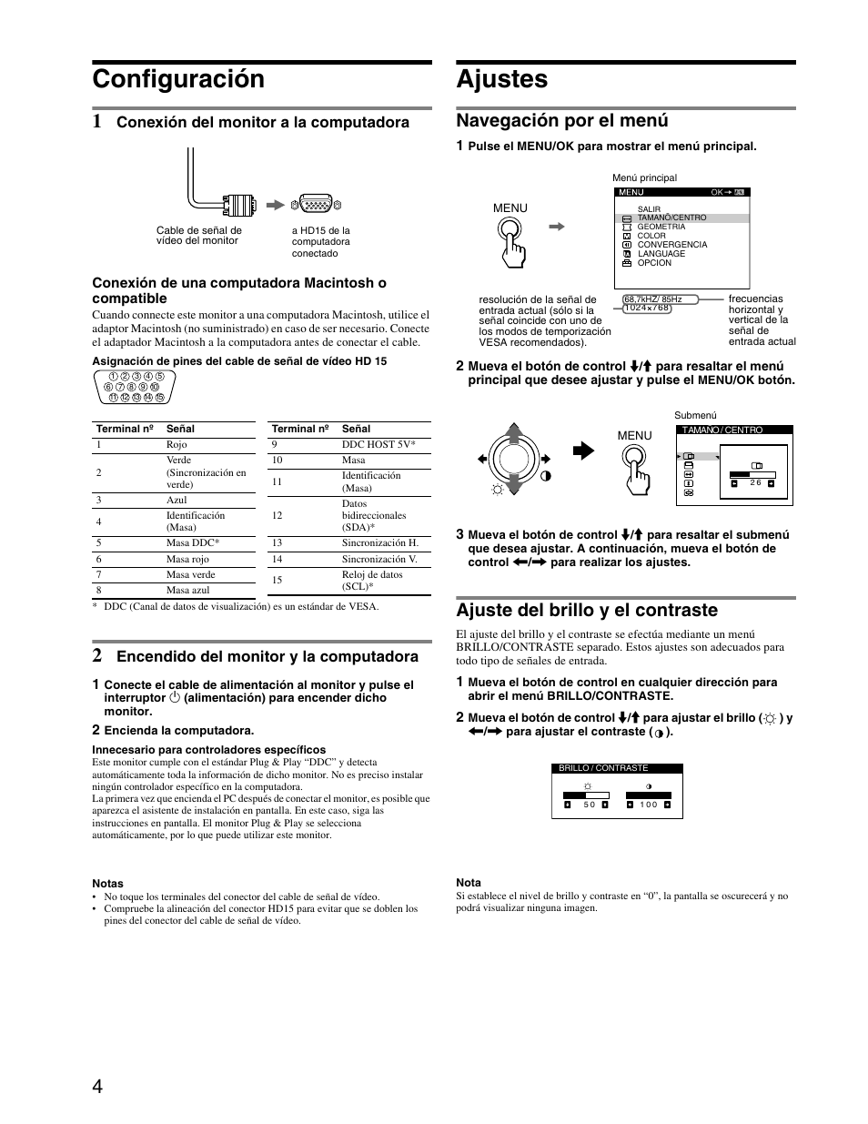 Configuración, Ajustes, Navegación por el menú | Ajuste del brillo y el contraste, Conexión del monitor a la computadora, Encendido del monitor y la computadora | Sony CPD-E240 User Manual | Page 16 / 24