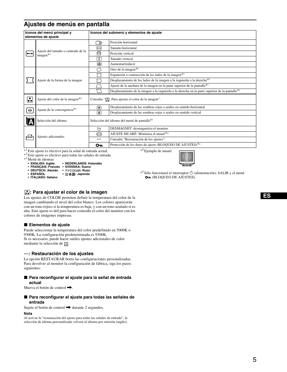 Ajustes de menús en pantalla, Para ajustar el color de la imagen, Restauración de los ajustes | Sony CPD-E240 User Manual | Page 17 / 24