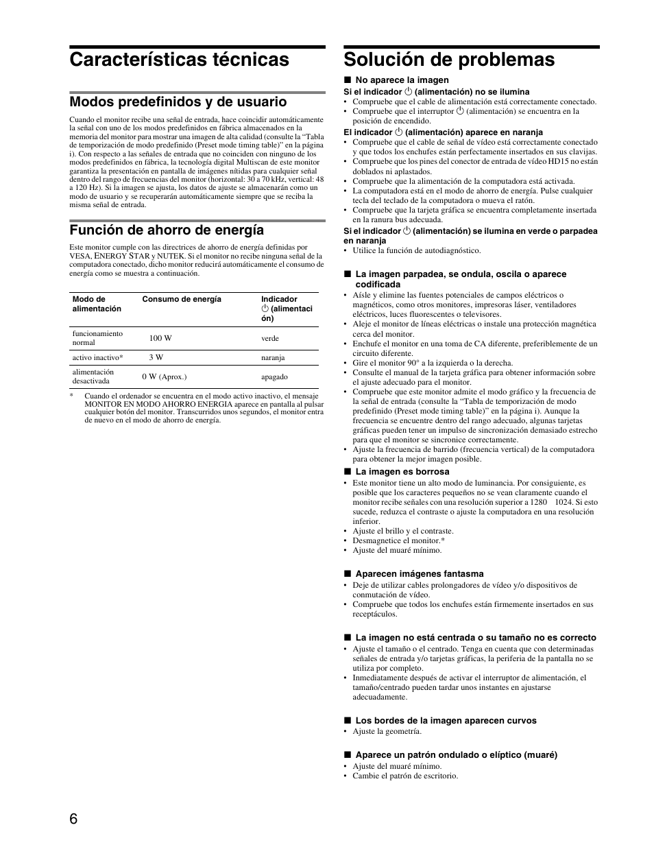 Características técnicas, Solución de problemas, Modos predefinidos y de usuario | Función de ahorro de energía | Sony CPD-E240 User Manual | Page 18 / 24