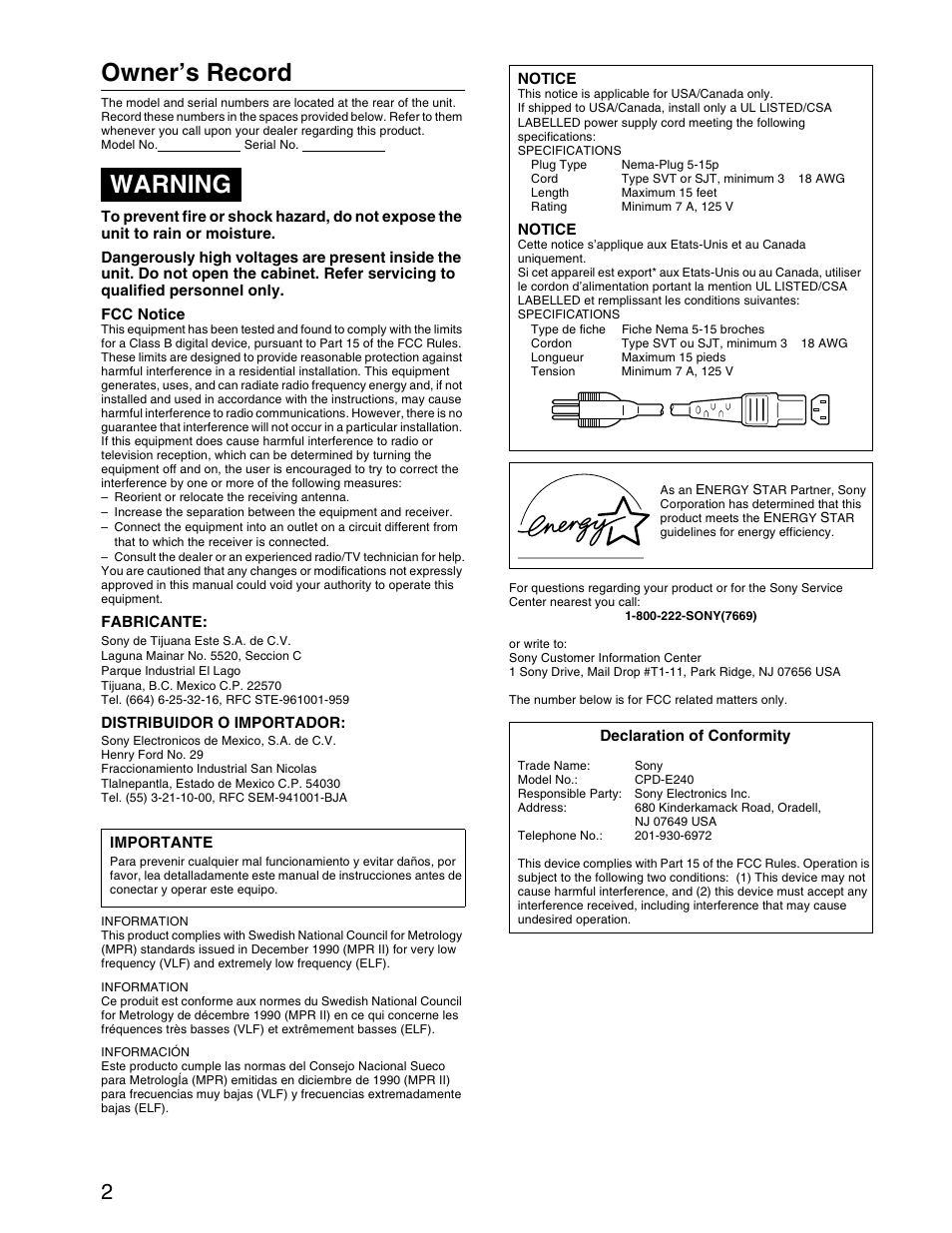 Owner’s record, Warning | Sony CPD-E240 User Manual | Page 2 / 24