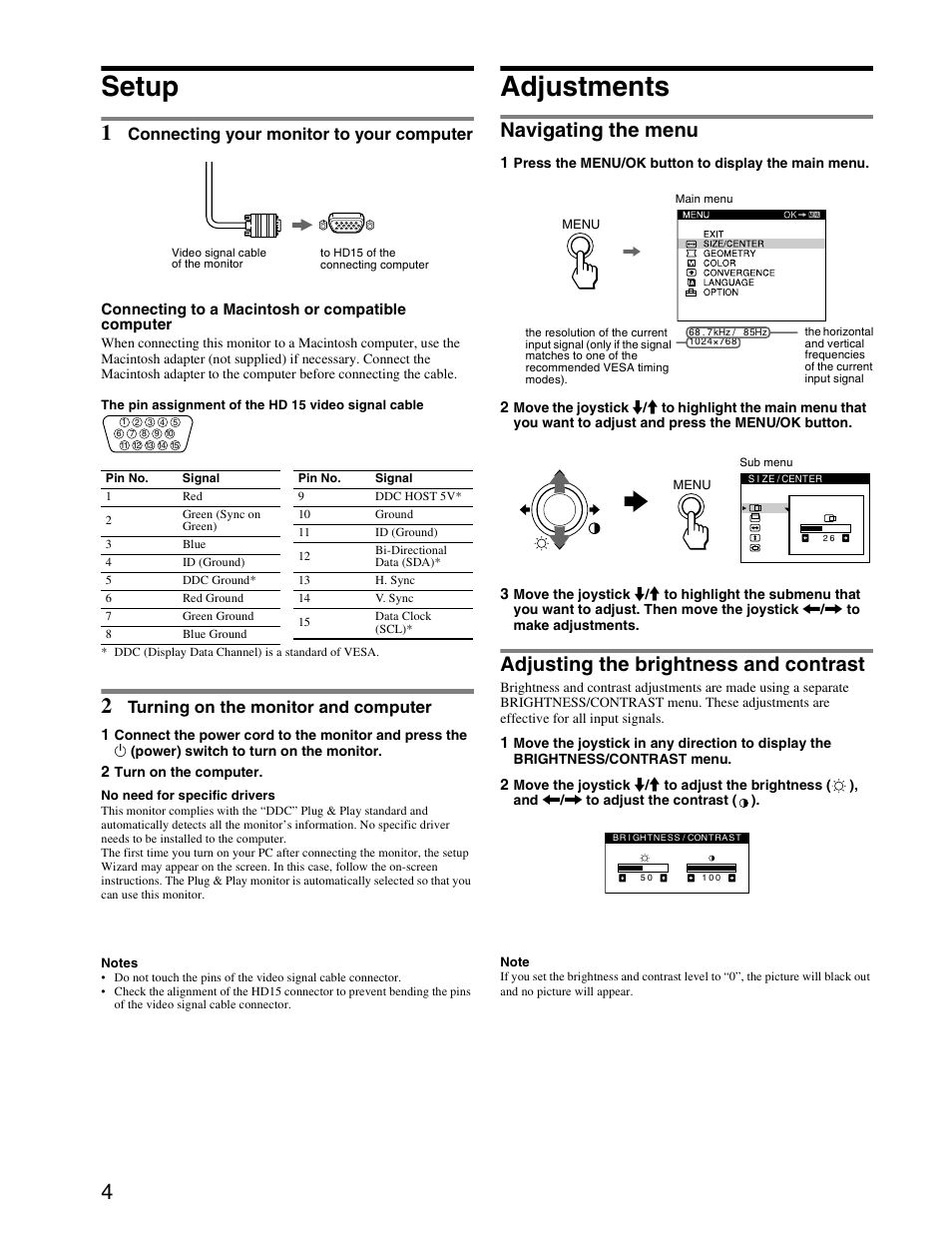 Setup, Adjustments, Navigating the menu | Adjusting the brightness and contrast, Connecting your monitor to your computer, Turning on the monitor and computer | Sony CPD-E240 User Manual | Page 4 / 24