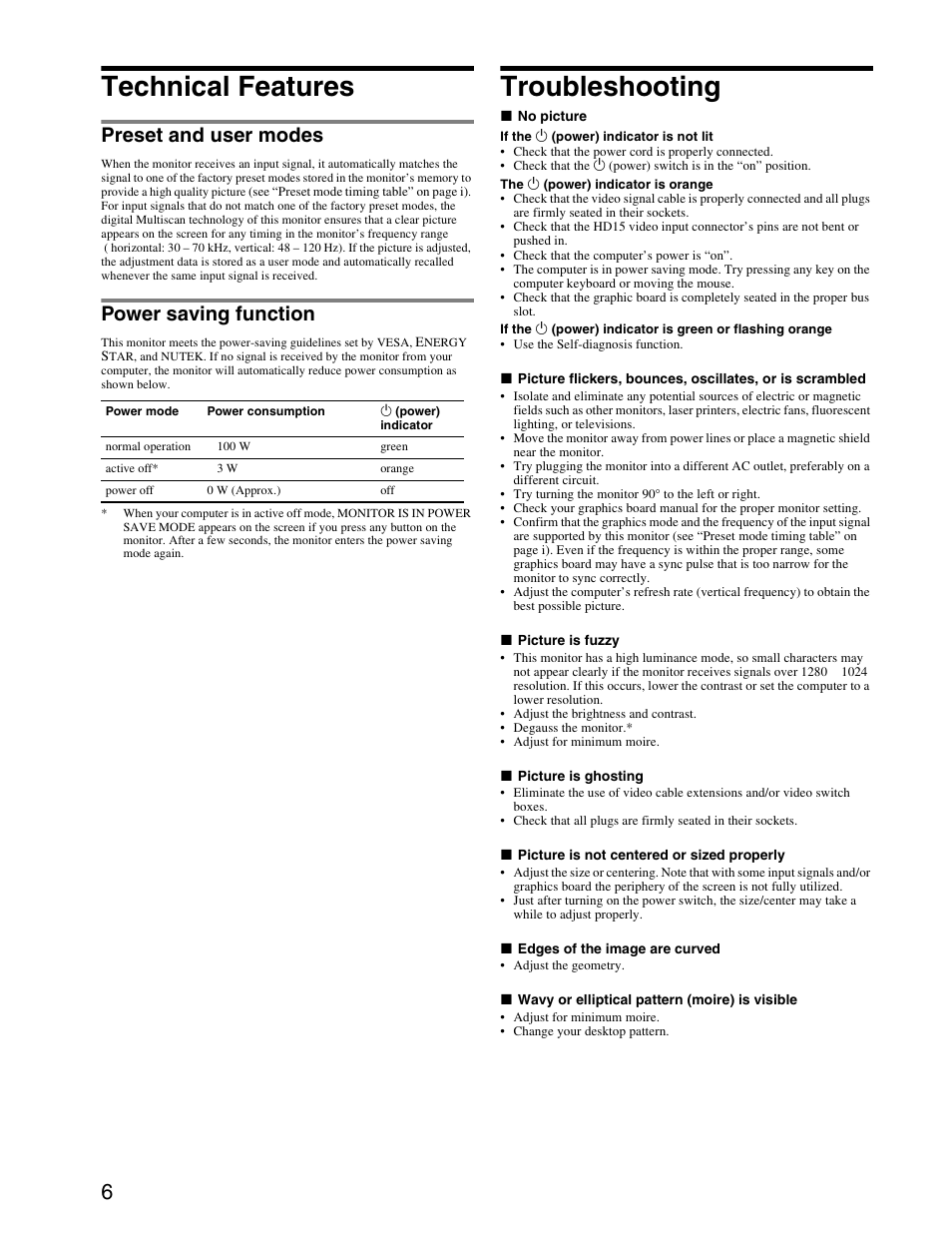 Technical features, Troubleshooting, Preset and user modes | Power saving function | Sony CPD-E240 User Manual | Page 6 / 24