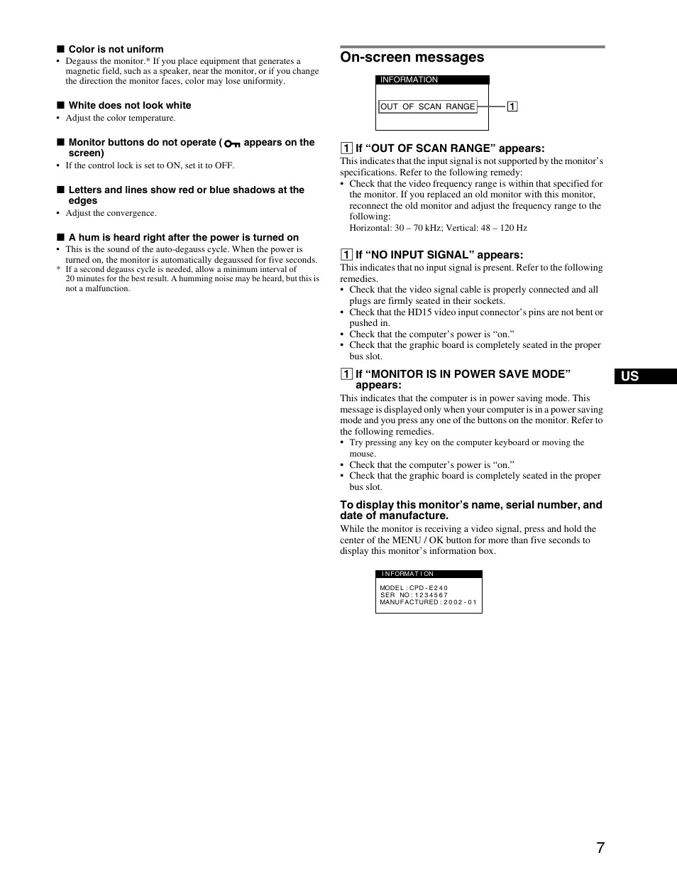 On-screen messages | Sony CPD-E240 User Manual | Page 7 / 24