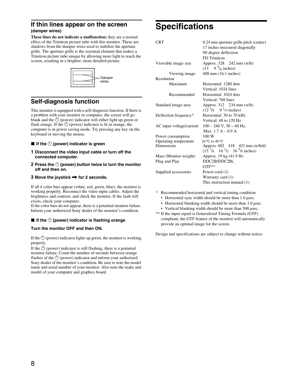 Specifications, If thin lines appear on the screen, Self-diagnosis function | Sony CPD-E240 User Manual | Page 8 / 24