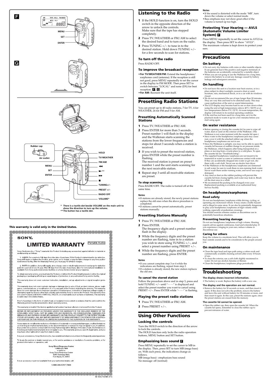 Flistening to the radio, Presetting radio stations, Using other functions | Precautions, Troubleshooting | Sony WM-FS222 User Manual | Page 2 / 2