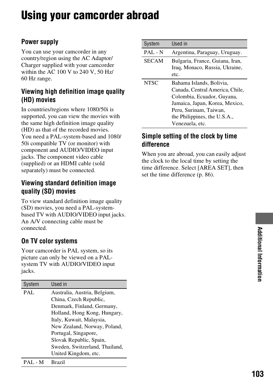 Using your camcorder abroad | Sony 4-157-878-12(1) User Manual | Page 103 / 128
