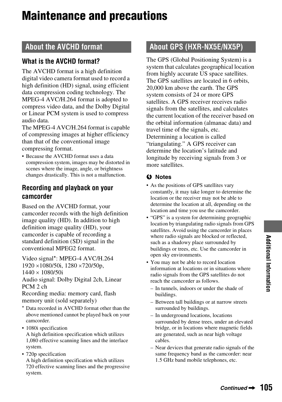 Maintenance and precautions, About the avchd format, About gps (hxr-nx5e/nx5p) | About the avchd format about gps (hxr-nx5e/nx5p) | Sony 4-157-878-12(1) User Manual | Page 105 / 128