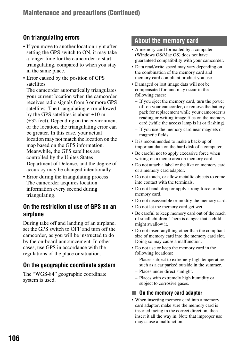 About the memory card, 106 f, On triangulating errors | On the restriction of use of gps on an airplane, On the geographic coordinate system | Sony 4-157-878-12(1) User Manual | Page 106 / 128