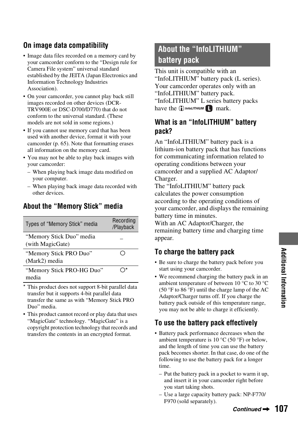 About the “infolithium” battery pack, N (p. 107), P. 107) | On image data compatibility, What is an “infolithium” battery pack | Sony 4-157-878-12(1) User Manual | Page 107 / 128