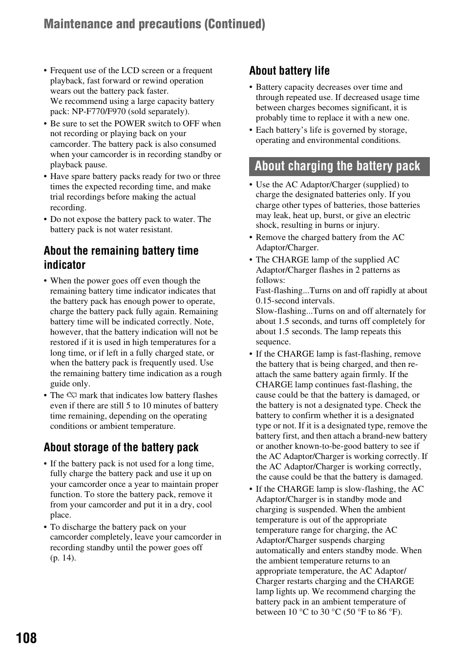 About charging the battery pack, About the remaining battery time indicator, About storage of the battery pack | About battery life | Sony 4-157-878-12(1) User Manual | Page 108 / 128