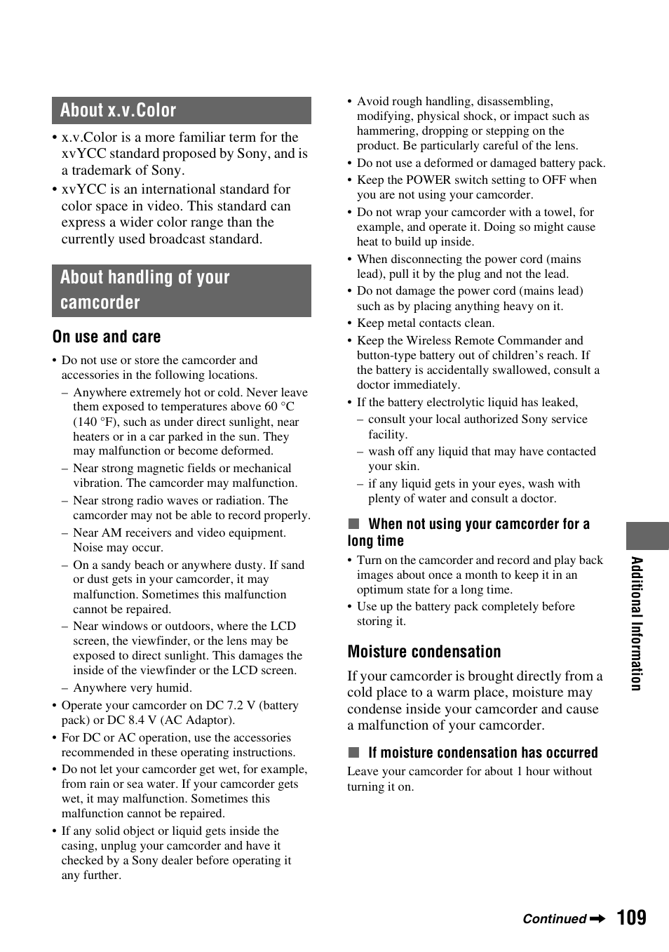 About x.v.color, About handling of your camcorder, About x.v.color about handling of your camcorder | On use and care, Moisture condensation | Sony 4-157-878-12(1) User Manual | Page 109 / 128