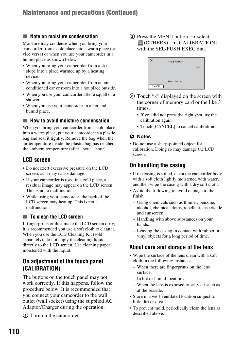 Maintenance and precautions ( continued), Lcd screen, On adjustment of the touch panel (calibration) | On handling the casing, About care and storage of the lens | Sony 4-157-878-12(1) User Manual | Page 110 / 128