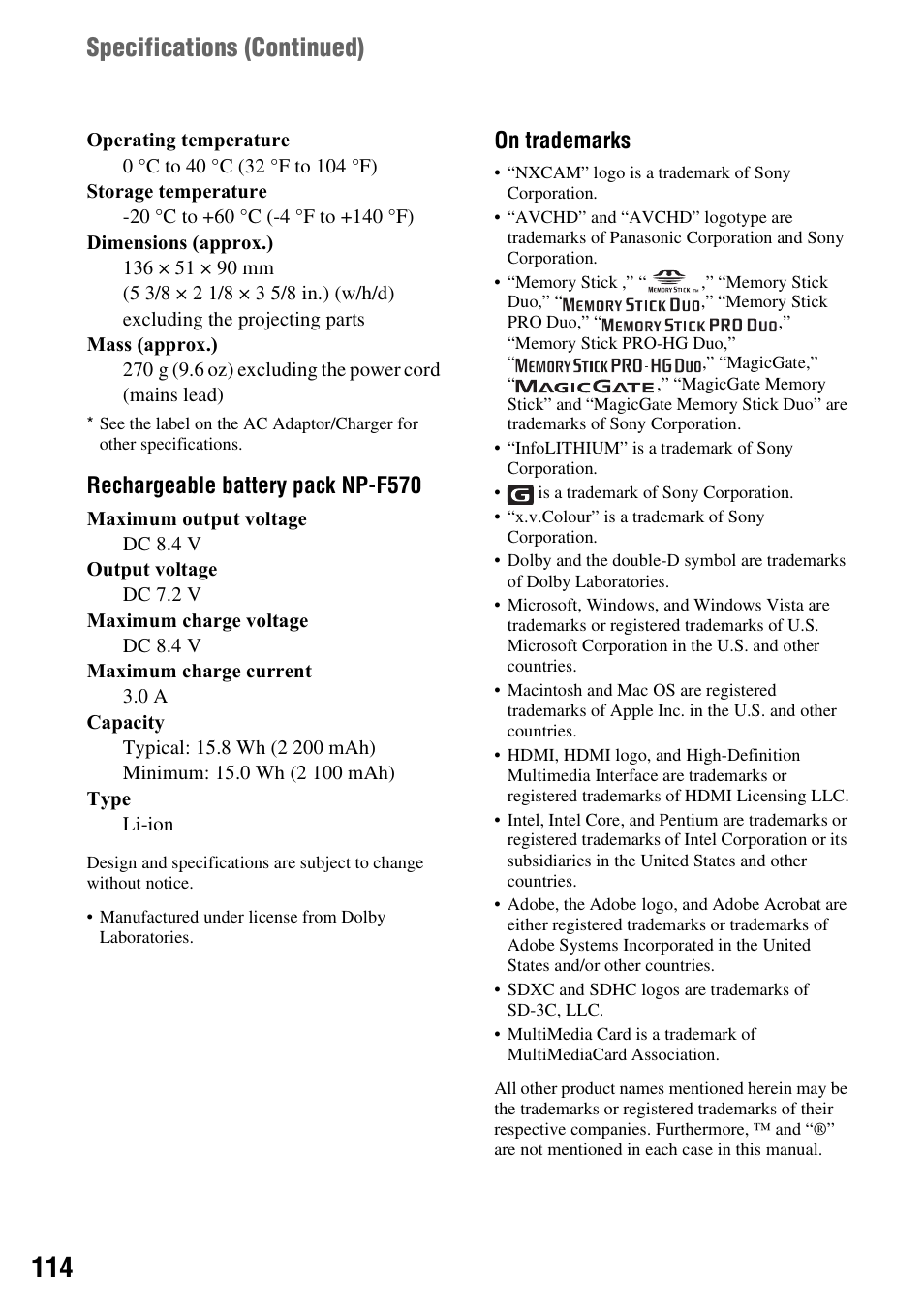 Specifications ( continued), Rechargeable battery pack np-f570, On trademarks | Sony 4-157-878-12(1) User Manual | Page 114 / 128