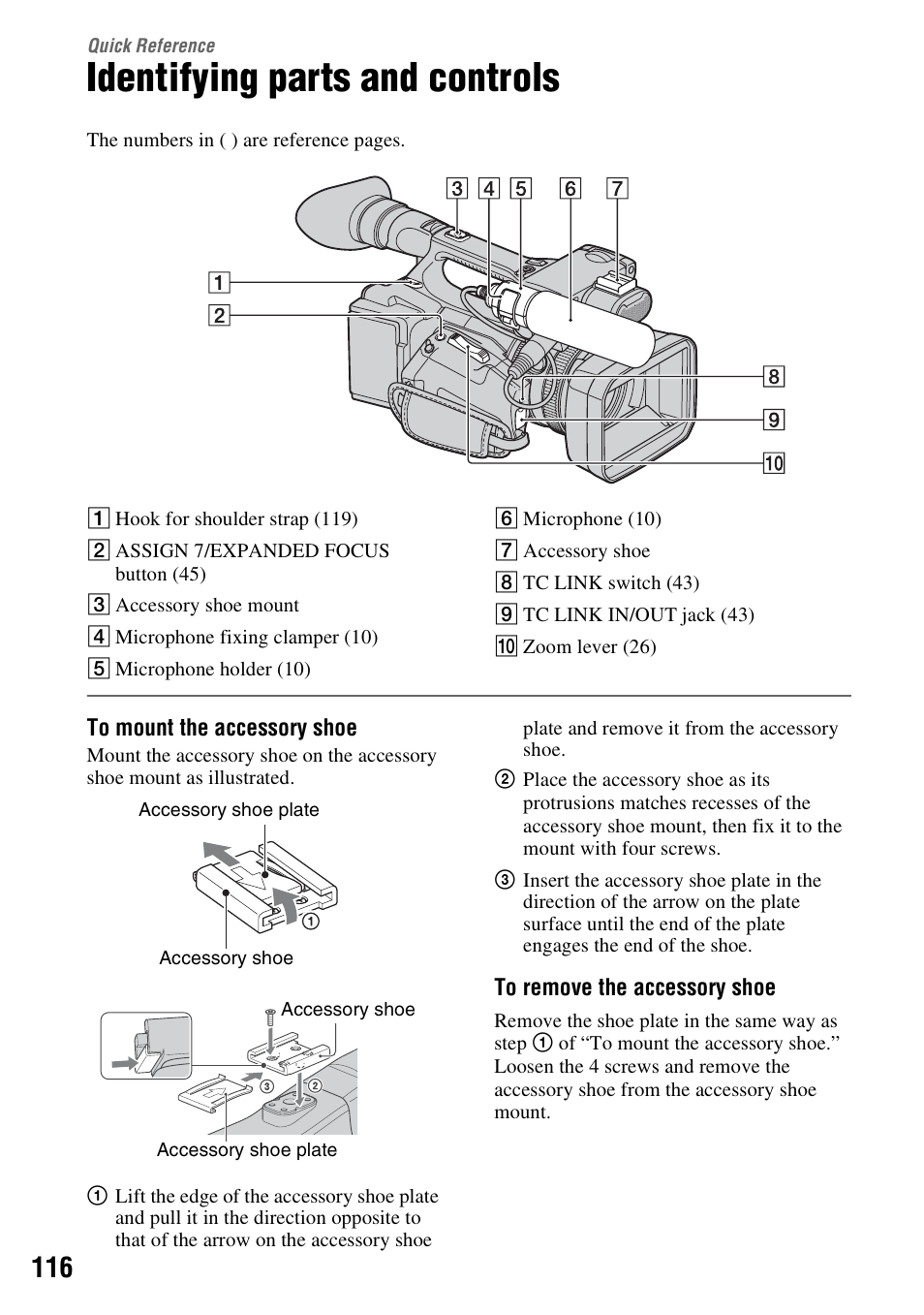 Quick reference, Identifying parts and controls, P. 116) | Sony 4-157-878-12(1) User Manual | Page 116 / 128