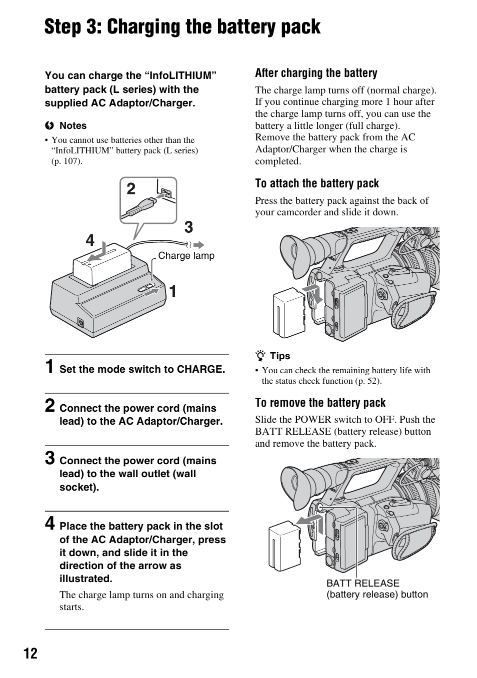 Step 3: charging the battery pack, C-vl1) (1) (p. 12), P. 12) | P. 12 | Sony 4-157-878-12(1) User Manual | Page 12 / 128