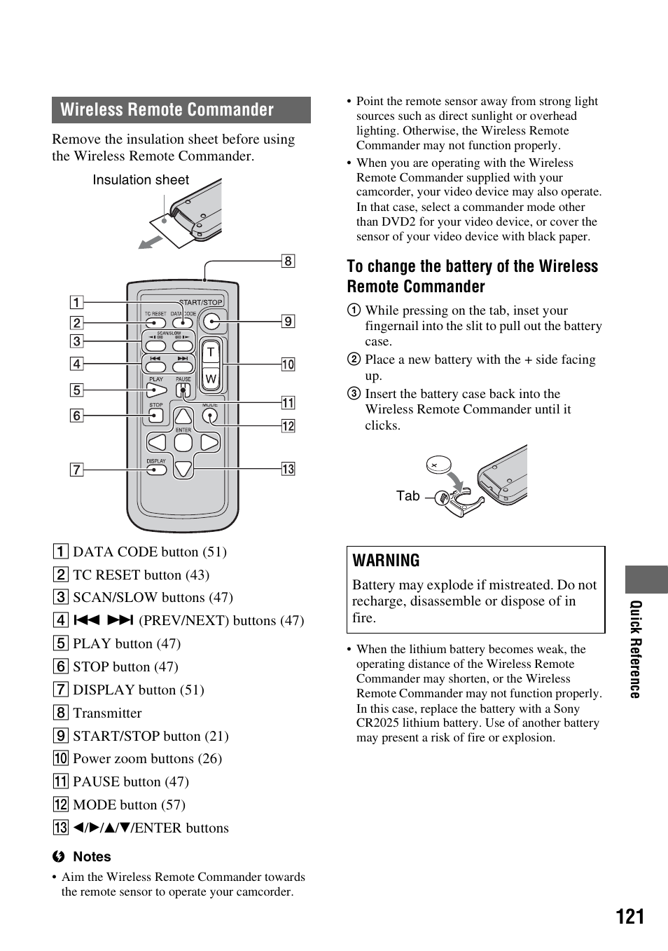 P. 121, T (p. 121, Wireless remote commander | Sony 4-157-878-12(1) User Manual | Page 121 / 128