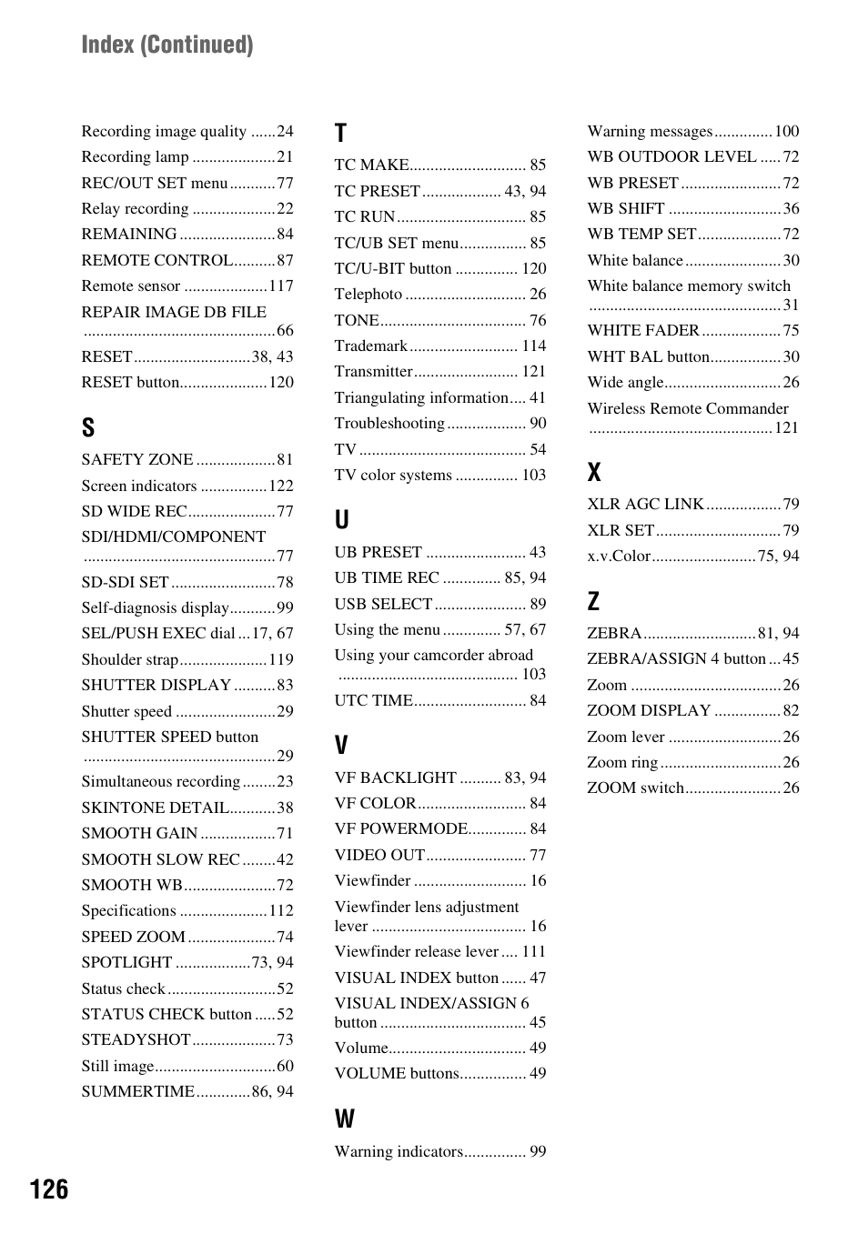 Index (continued) | Sony 4-157-878-12(1) User Manual | Page 126 / 128