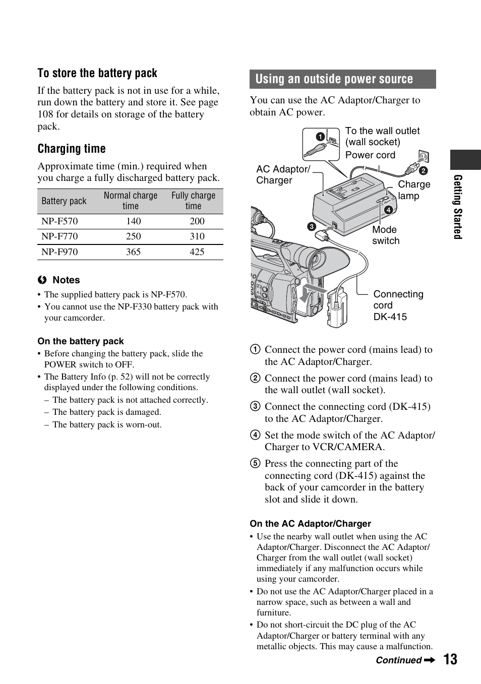 P. 13), Using an outside power source, Charging time | Sony 4-157-878-12(1) User Manual | Page 13 / 128