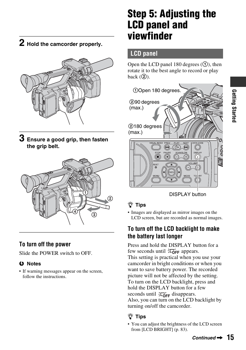 Step 5: adjusting the lcd panel and viewfinder | Sony 4-157-878-12(1) User Manual | Page 15 / 128