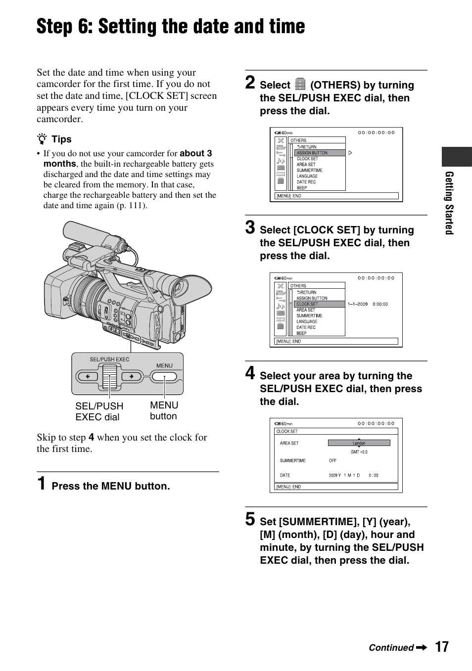 Step 6: setting the date and time, P. 17) | Sony 4-157-878-12(1) User Manual | Page 17 / 128