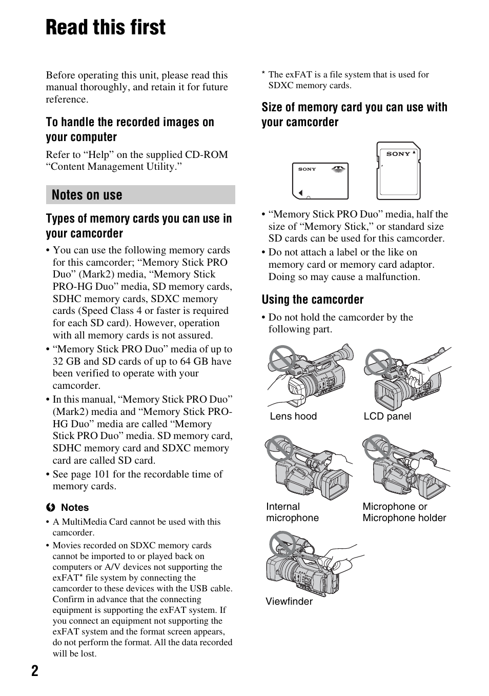 Read this first | Sony 4-157-878-12(1) User Manual | Page 2 / 128