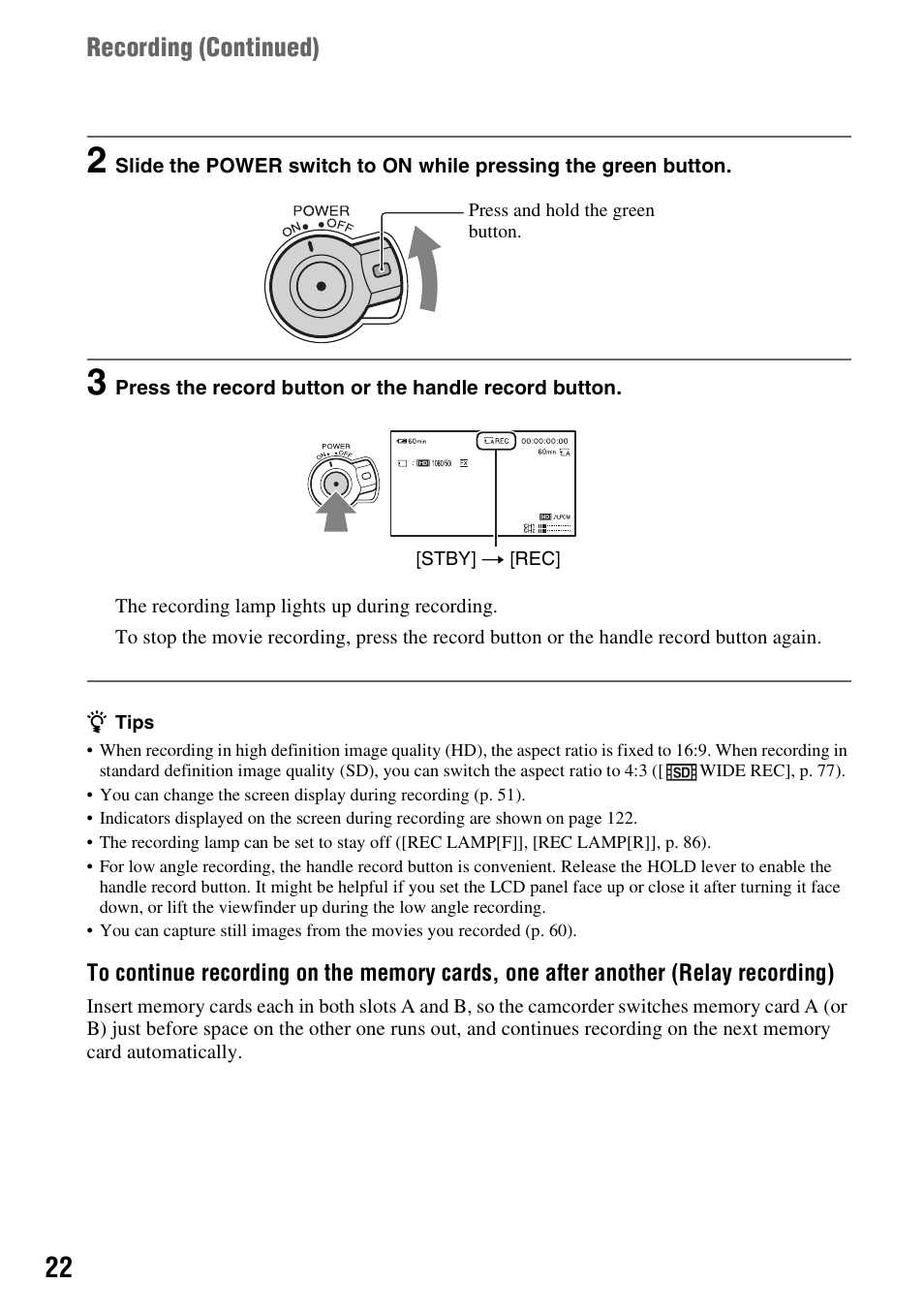 Recording ( continued) | Sony 4-157-878-12(1) User Manual | Page 22 / 128