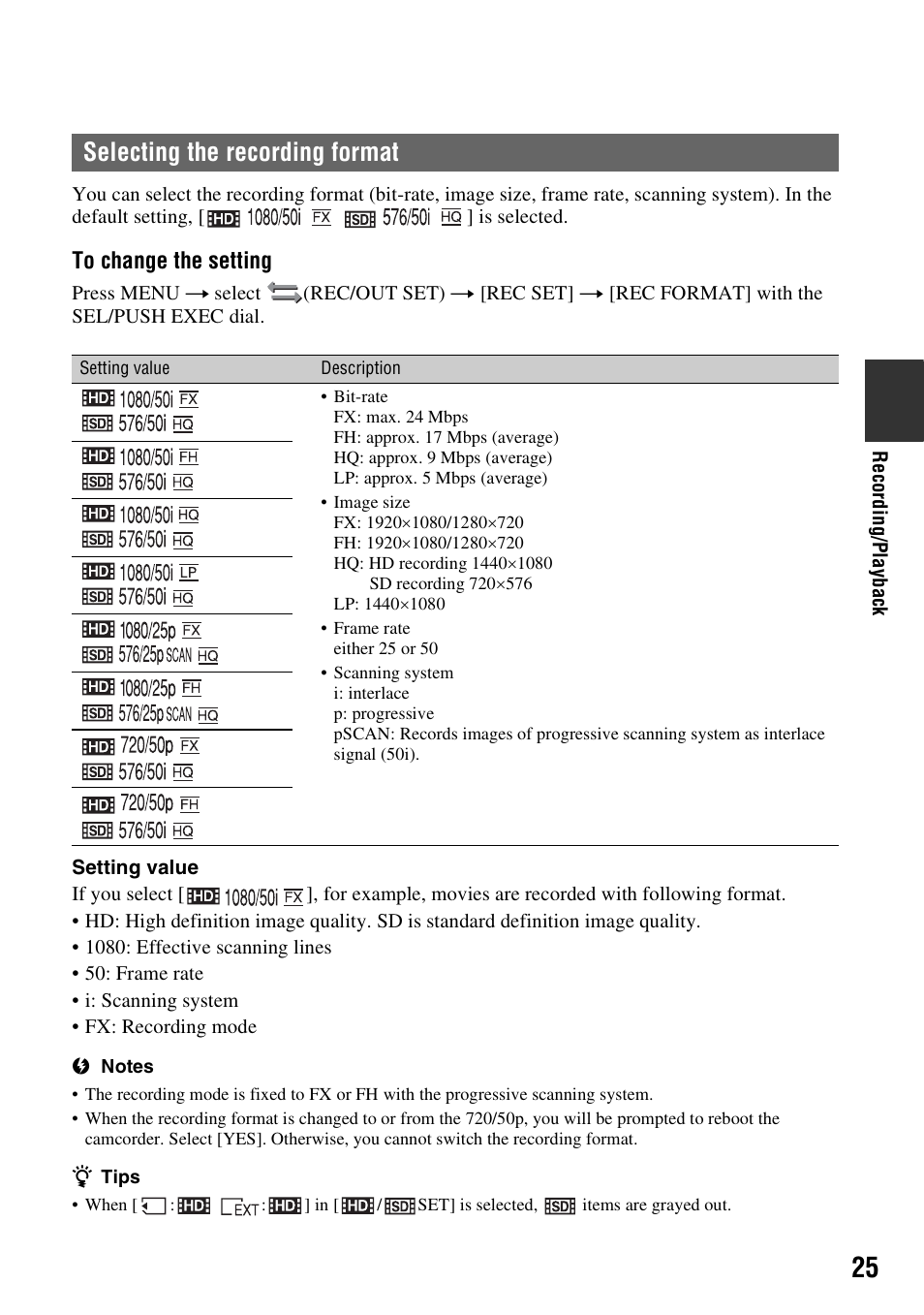 Selecting the recording format | Sony 4-157-878-12(1) User Manual | Page 25 / 128