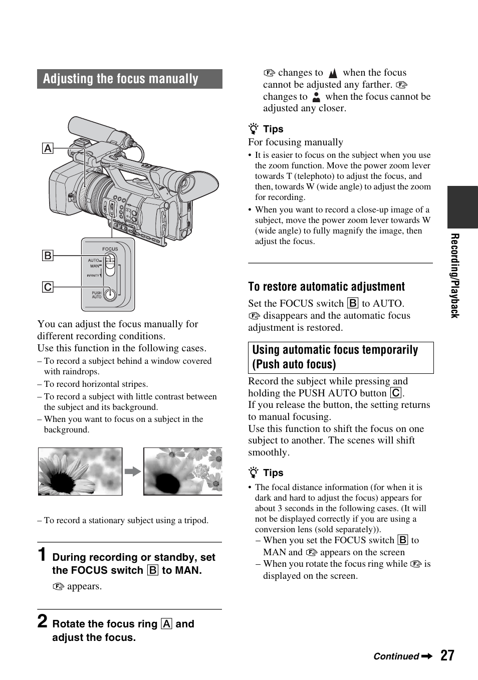 Adjusting the focus manually | Sony 4-157-878-12(1) User Manual | Page 27 / 128