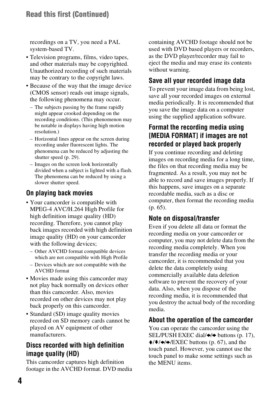 Read this first (continued) | Sony 4-157-878-12(1) User Manual | Page 4 / 128
