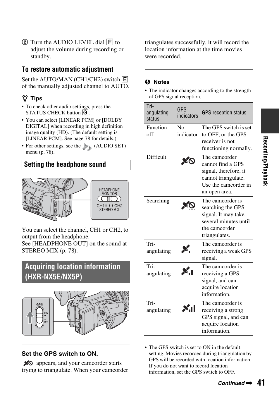 Acquiring location information (hxr-nx5e/nx5p), Setting the headphone sound | Sony 4-157-878-12(1) User Manual | Page 41 / 128