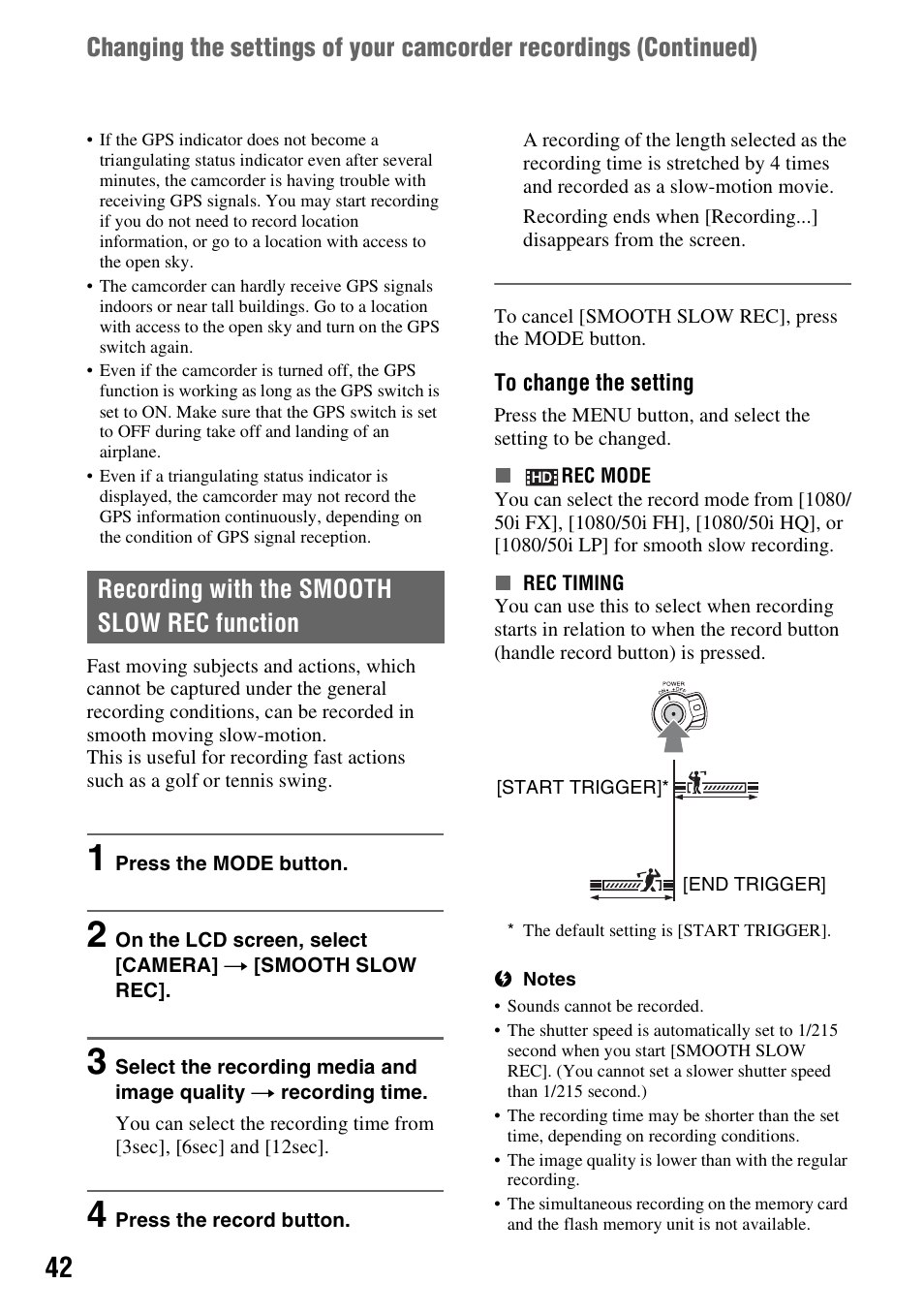 Recording with the smooth slow rec function | Sony 4-157-878-12(1) User Manual | Page 42 / 128