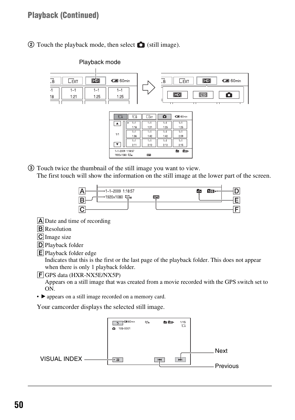 Playback ( continued) | Sony 4-157-878-12(1) User Manual | Page 50 / 128