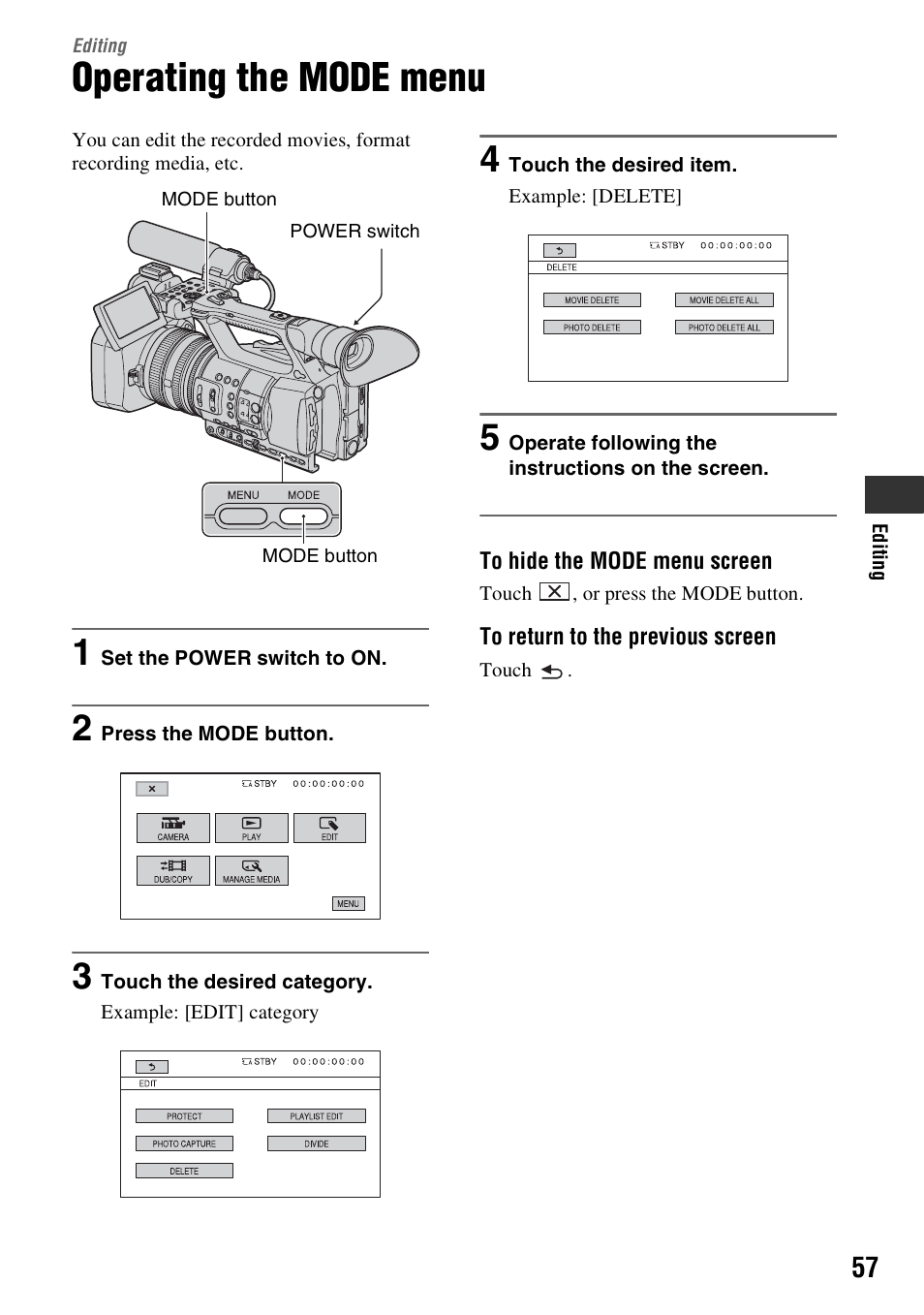 Editing, Operating the mode menu, P. 57) | Sony 4-157-878-12(1) User Manual | Page 57 / 128