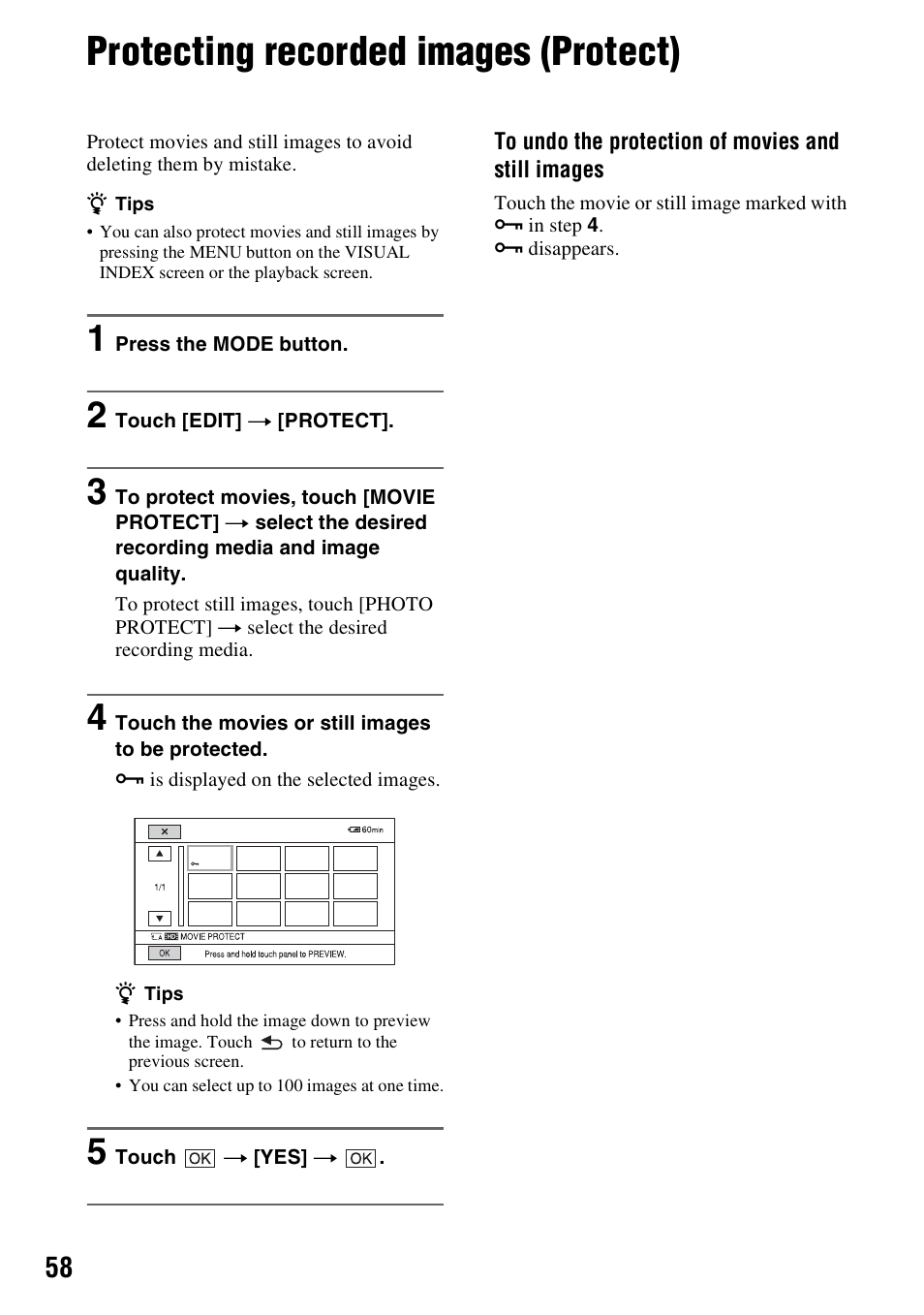 Protecting recorded images (protect) | Sony 4-157-878-12(1) User Manual | Page 58 / 128