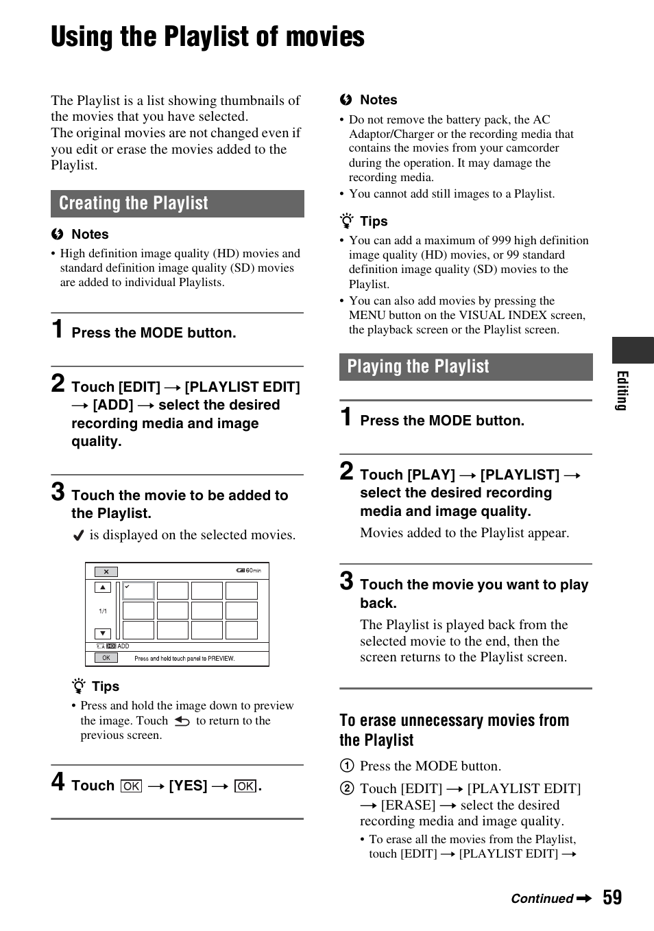 Using the playlist of movies, Creating the playlist, Playing the playlist | Creating the playlist playing the playlist | Sony 4-157-878-12(1) User Manual | Page 59 / 128