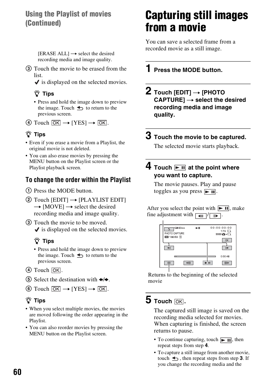 Capturing still images from a movie, P. 60), Using the playlist of movies (continued) | Sony 4-157-878-12(1) User Manual | Page 60 / 128