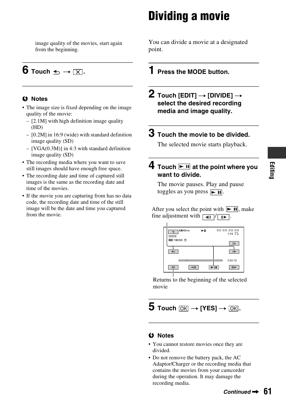 Dividing a movie | Sony 4-157-878-12(1) User Manual | Page 61 / 128